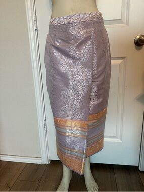 Siraphat Thai Dress Lavender & Orange Traditional Silk Wrap Skirt Sarong